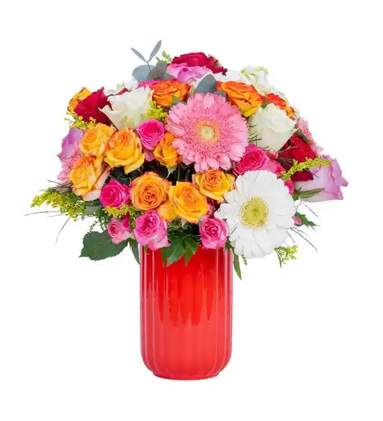 Kırmızı Vazo İçinde Renklerin Dansı Mix Çiçekler