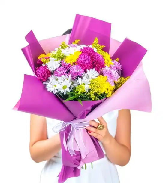 Lila Neşe Renkli Krizantem Papatya Buketi