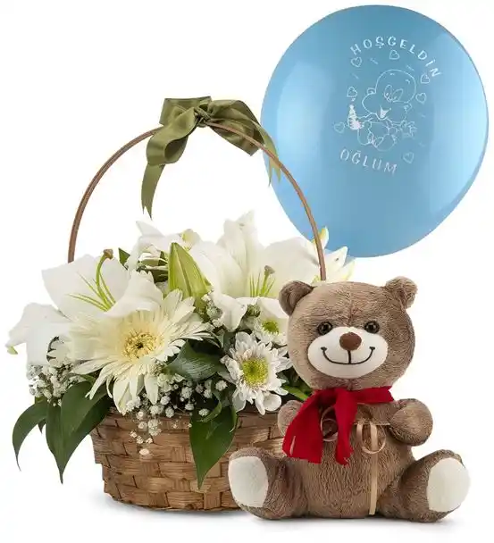 Hoşgeldin Erkek Bebek Ayıcıklı Çiçek Sepeti