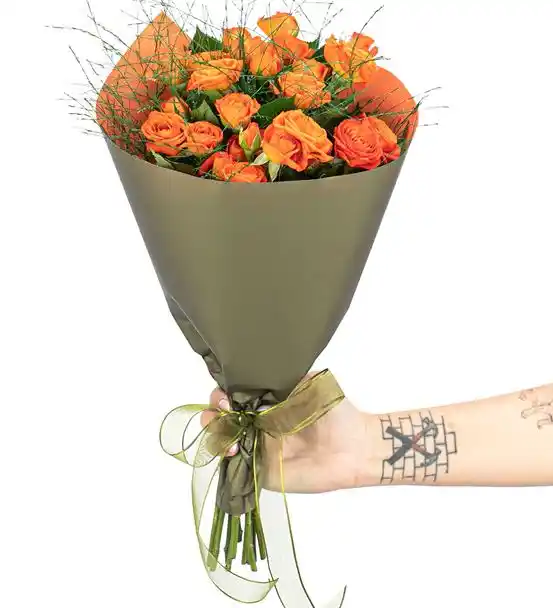 Green Sunshine Serisi - Mini Turuncu Gül Buketi