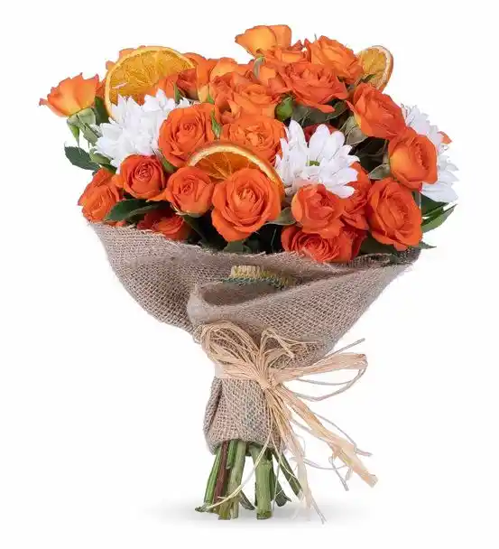 Greta Serisi Fresh Papatyalı Turuncu Gül Buketi