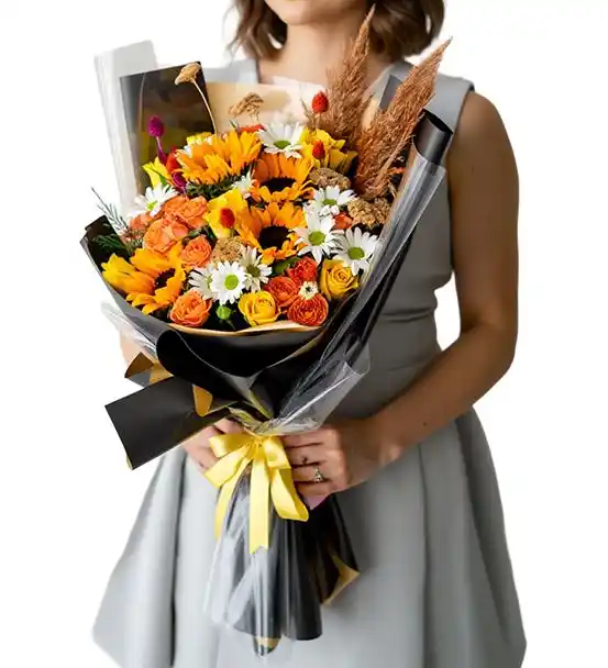 Güneş Işığı Ayçiçeği Turuncu Gül ve Papatya Buket