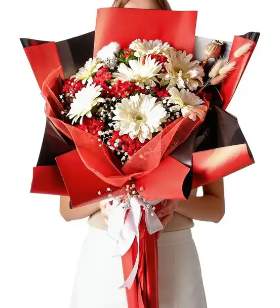 Beyaz Gerbera Zarif Kırmızı Dokunuş Buketi