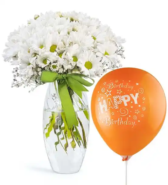 Doğum Günü Balonlu Cam Vazoda Beyaz Papatyalar