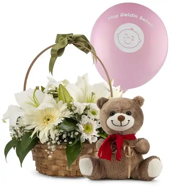 Hoşgeldin Prenses Bebek Ayıcıklı Çiçek Sepeti